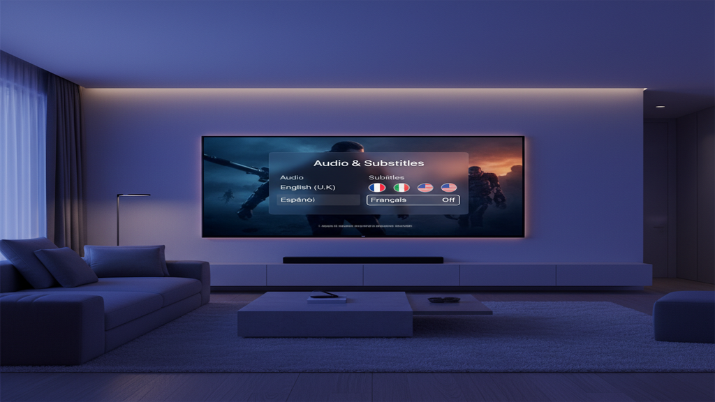 Guide illustré pour activer les sous-titres et l'audio multilingue sur une application IPTV via une télécommande.