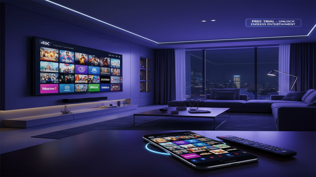 Un écran de Smart TV affichant une mosaïque de chaînes, illustrant un IPTV test gratuit.